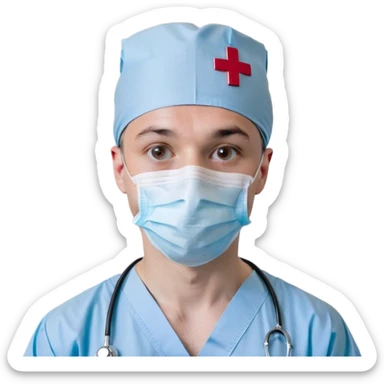 A simple and clean bust of a male surgeon wearing light blue surgical scrubs and a matching surgical cap. A minimalistic white mask covers his mouth and nose, leaving only his focused eyes visible. A small red cross emblem is subtly placed on his chest. A thin, smooth stethoscope drapes around his neck. His expression is calm and professional, reflecting precision and expertise. Behind him, a faint, abstract medical symbol (such as a heartbeat line or a surgical scalpel icon) subtly reinforces the surgical theme. The overall style is modern, sleek, and minimalistic, using smooth lines and soft shading. sticker