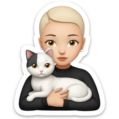 HAZEL EYES , BLACK BUZZ CUT LIGHT SKIN ROUND FACE GIRL hugs white cat sticker