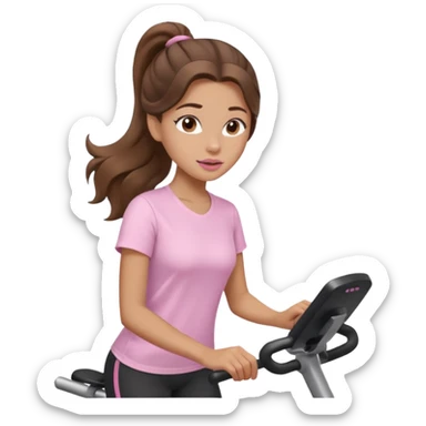 girl with wavy long ponytail brown hair, brown eyes, light to medium complexion, long lashes, light pink lipstick, wearing light pink shirt, on an elliptical sticker