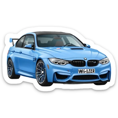 Make me an emoji with a blue bmw M3 and some kind of sign that says ‘W LZR’ sticker