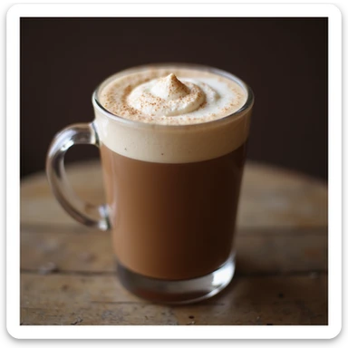 a realistic cup of mocha, photorealistic style, rich chocolate color, creamy foam, clear glass mug, inviting and delicious appearance sticker