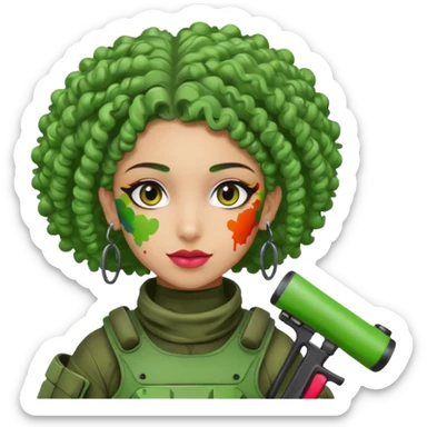 green curly haired painitball player with big earrings guy shot with colors sticker