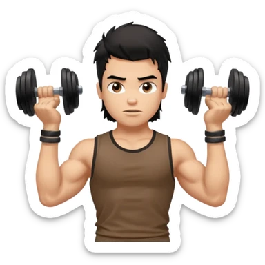 generate a pretty fair bratz boy with a messy mullet (black hair), wearing a brown tshirt. he has big biceps and is ripped. He is holding dumbbells sticker