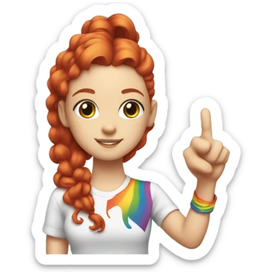 "A young white woman with lengthy red curls in a ponytail, wearing a rainbow cat shirt, poses with a peace sign." sticker