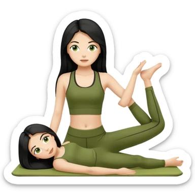 pilates girl in green olive set whit black long hair  sticker