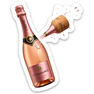 bottle of sparkling rosé champagne with a rose logo on the label, with a cork exploding out from the top, tilted up and to the left, no glass sticker