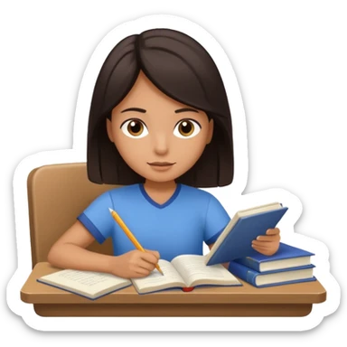 A student with dark hair is reading a book and taking notes in a notebook. There are also papers and textbooks on the table. sticker