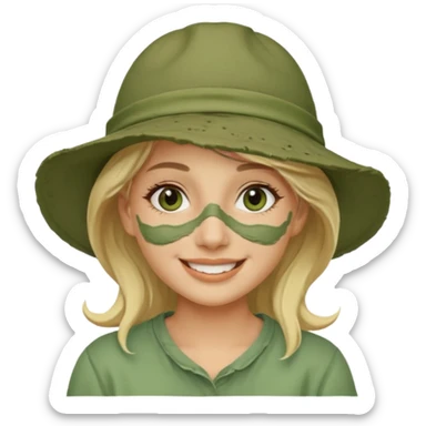 messy green clay mask and tourist hat blond braided woman big eyes smiling and clay mask on face sticker