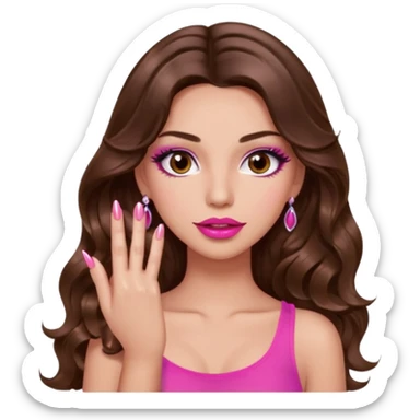 girl with long wavy brown hair, brown eyes, light to medium complexion, in a pink sexy top, pink lips, long lashes, puckered lips, showing my manicure one hand 5 fingers sticker