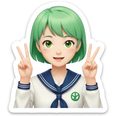 Energetic anime girl with short green hair wearing Japanese sailor style school uniform, winking and making double peace signs, very cheerful and bubbly, kawaii style sticker