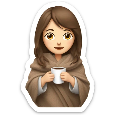 White brunette girl with bangs inside a blanket sipping coffee eyes closed sticker