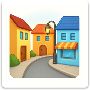emoji of a small cozy street scene — a narrow road with a sidewalk, a few colorful buildings on the sides, and a streetlight. Soft daylight, clean design, minimal background, cheerful and detailed Apple emoji style sticker