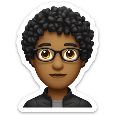 chico con cabello rizado negro, ojos oscuros, piel morena y que use lentes sticker