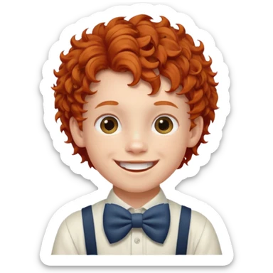 redhead kid with unique face features and very curly hair kid boy happy and braces on teeth, wearing a bow on head sticker