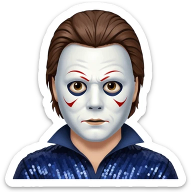 Michael Myers with white mask with brown hair, dark indigo sequin outfit  sticker