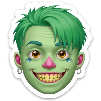 very colorful puffy green haired man made out of candy wearing teeth-braces and excessive face tattoos and excessive piercing just face  sticker