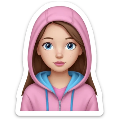 Create a TEENAGE girl with LONG and straight light brunette hair with a middle part, light skin, light freckles, and blue-gray eyes. She will have pink lips and LONG eyelashes. She will be wearing a light pink zip-up hoodie that is off her shoulder. sticker