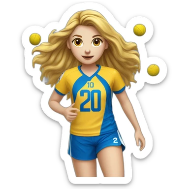 Teenage girl handball-louves saint-amand yellow jersey number 20-long hairs-blue pants-shooting ball-blue short sticker