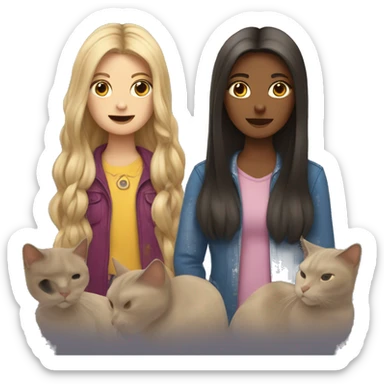 Two long hair girls and two cats in their hands sticker