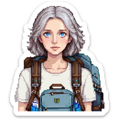 white woman park ranger with blue eyes, brown and gray hair, wearing a backpack sticker