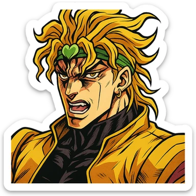 Dio Brando, menacing expression, stylized with bold lines, vibrant colors, JoJo's Bizarre Adventure vibe sticker