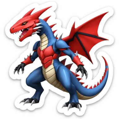 Handsome cool badass edgy Guilmon-Latias-Garchomp-Giratina-Pokémon-Fakémon-fusion-hybrid-creature, full body sticker