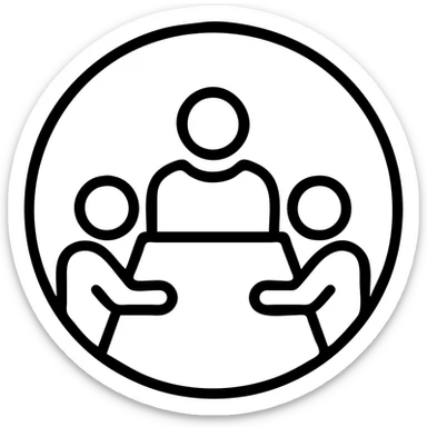 Minimalist icon for Dedicated In House Operational Teams in black outlined style with the same color code and format as the reference images. Place a team or group working together symbol inside the circle. sticker