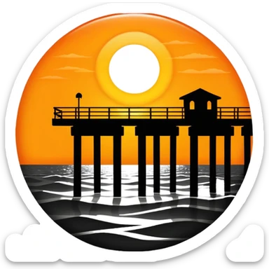 A black and white image of a pier in the ocean as a silhouette with the sun in the background sticker
