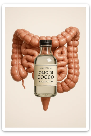 BOCCETTA DI OLIO DI COCCO BIOLOGICO (FAI UN ETICHETTA SUL PRODOTTO IN ITALIANO) CHE FLUTTUA IN ARIA DAVANTI A UN INTESTINO UMANO ANATOMICO IN PERFETTA SALUTE, SFONDO CHIARO, iperrealistico 4k sticker