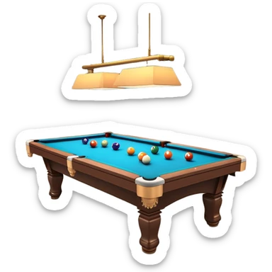 A well-arranged pool table with colorful billiard balls neatly placed, and a cue stick poised to take a shot. The setting is a dimly lit room with a focused atmosphere, highlighting the precision and strategy involved in the game of billiards. sticker