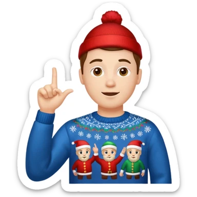 A guy pointing up with one hand and he has a christmas sweater sticker