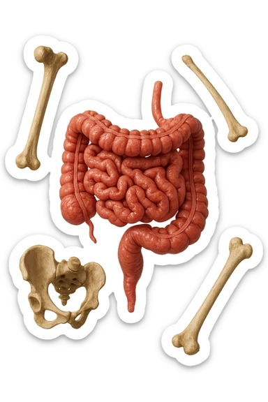 intestino umano anatomico e ossa umano anatomico fluttuano in aria, iperrealistico 4k sticker