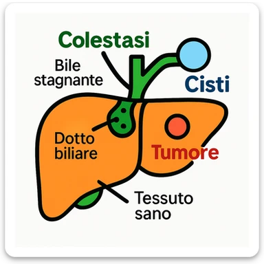Medical illustration of a liver with Italian text inside the image. Highlight "Colestasi" in green, "Cisti" in blue, "Tumore" in red. Add labels such as "Dotto biliare", "Bile stagnante", "Tessuto sano". Use a clear, didactic, and informative style with color outlines. sticker