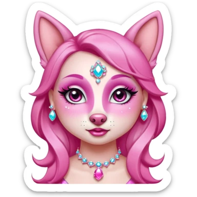 glamorous dog portrait, head and shoulders only, exaggerated pink makeup, bright eyeshadow, long eyelashes, shiny blush cheeks, sparkling face gems, glitter accents, elegant earrings, fantasy beauty style, cute 3D cartoon, mobile game icon style, clean background, no text, no watermark
 sticker