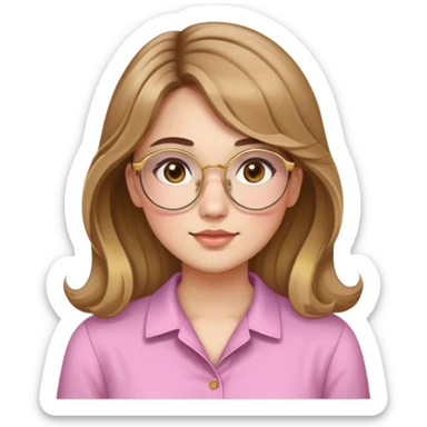 young adult woman with light skin, round face, prominent cheeks, medium plump body, long light brown hair with golden highlights, voluminous and wavy, long bangs over eyebrows, large octagonal glasses with thin golden or light pink frame, casual dark shirt sticker