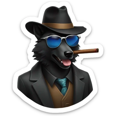 A black wolf with a fedora own smoking a cigar and sunglasses￼ sticker