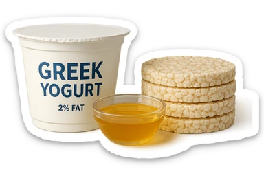 Yogurt Greco 2%
Miele (senza il cucchiaio di legno)
Gallette di Riso
vista frontale, iperrealistico 4k sticker