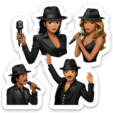 Icon for R&B Music: collage of iconic R&B artists—Michael Jackson, Beyoncé, Lionel Richie, Whitney Houston. Each artist represented by a silhouette or symbolic item (like a glove, microphone, or fedora). Transparent background. sticker