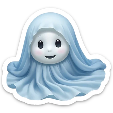 An adorable, peacefully floating sheet-like ghost in gentle pastel whites and blues, its soft, rounded form loosely draped, head resting with closed, serene sparkling eyes and a tiny, contented smile, simplified yet irresistibly charming, highly detailed, with a soft glowing outline that captures the essence of a sleepy, endearing spirit wrapped in cozy slumber! sticker