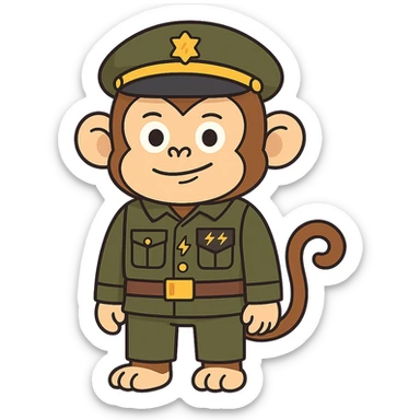 Make the monkey in a military uniform more cartoony style. Add the insignia of the Monkey Army on the uniform, consisting of two lightning bolts. Keep the background transparent. sticker