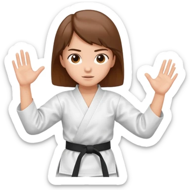 Ragazza castana che pratica karate, ha la cintura nera ed io tradizionale kimono bianco del karate, in posizione di guardia sticker