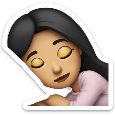 caucasian girl with black straight hair sleeping cozy in bed sticker