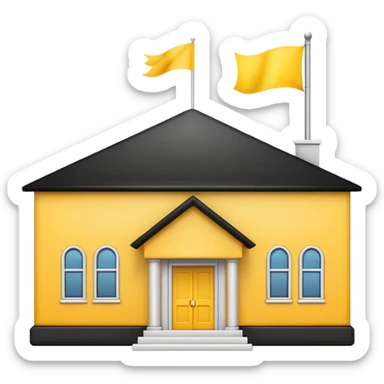 simple school, white background, magic school, black roof, with a big flag, big flag on a roof, big yellow flag, white school sticker