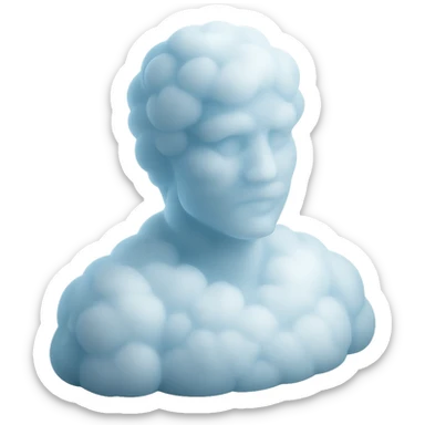 person looking straight, made entirely of white fluffy convex clouds, shoulder up, matte glass style, clouds with a light blue tint, no background sticker