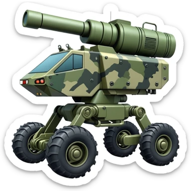 a 4-wheel armored camouflage army massive mech trail vehicle shooting forward side-hill leaning actively independent suspended pod gimbal enemy mech off-road racing rover with large fast engine  sticker