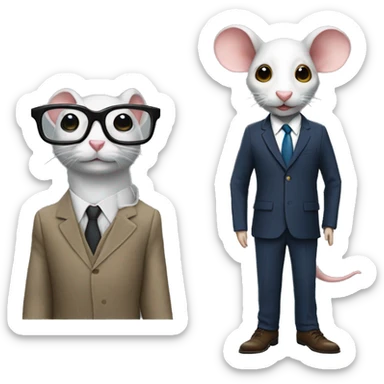 A human in a class suit and shoes with a rat head with glasses sticker