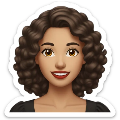 young moroccan woman with dark brown eyes, brown long curling hair with lighter tips, red lips, big smile, black dress sticker