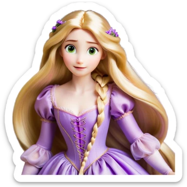 Cinematic Realistic Rapunzel Portrait, with porcelain-like skin featuring a subtle, natural glow, illuminated by soft lighting that brings out the gentle contours of her face. Her long, golden blonde hair cascades in detailed waves, each strand highlighted with a radiant shimmer as it catches the light. Her bright, expressive green eyes exude curiosity and warmth, framed by delicate lashes and soft, arched brows. Her expression is playful and vibrant, with a gentle smile. She is dressed in her classic lavender and pink gown, the fabric textured with delicate folds that flow naturally, catching the light with a soft, radiant glow. The portrait captures a luminous, enchanting aura, seamlessly blending realism with a whimsical, fairytale charm, evoking a timeless sense of beauty and magic. sticker