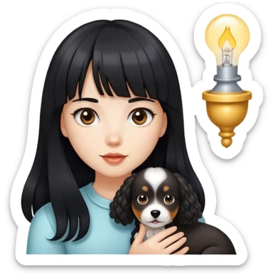 A beautiful girl with long straight black hair and bangs holding a light-colored curly dog sticker