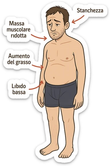 un uomo adulto in piedi, con postura stanca e muscolatura ridotta. Attorno al corpo, frecce rosse puntano verso zone chiave come viso (barba rada), torace (massa muscolare ridotta), addome (aumento del grasso), e area pelvica (libido bassa). Accanto a ogni freccia, etichette in italiano: “Stanchezza”, “Massa muscolare ridotta”, “Aumento del grasso”, “Libido bassa”, “Barba rada”. Sfondo bianco, stile educativo e chiaro. sticker